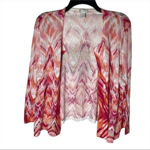 Chico’s Women’s 3 XL Pink Orange Ikat Open Front Cardigan Light Sweater Boho
